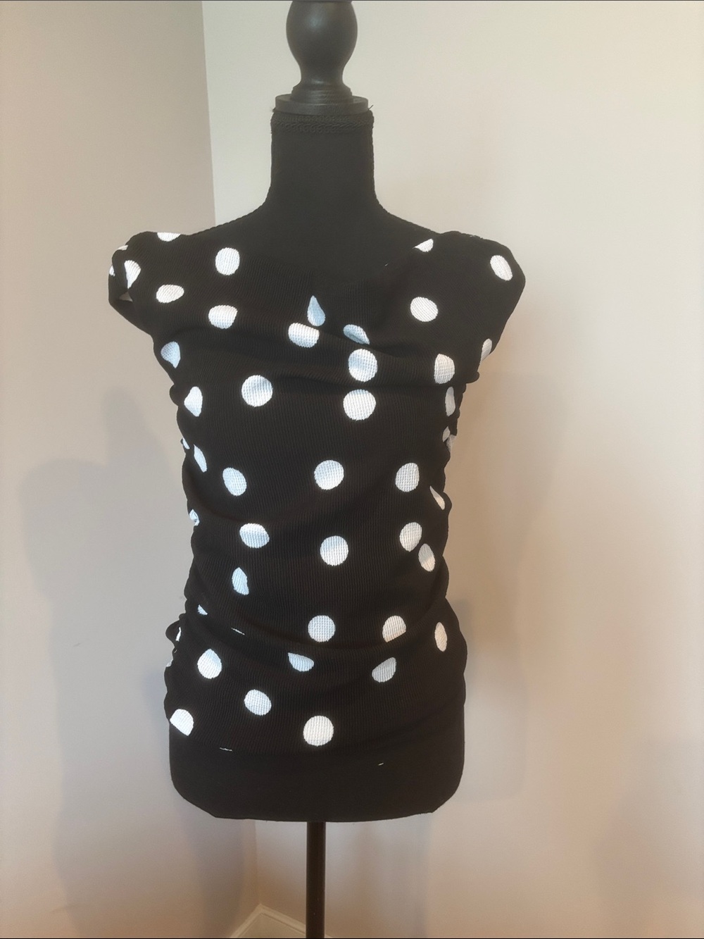LOFT Black Cap-Sleeve Top with White Polka Dots